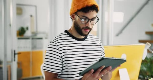 Business, tablet and man in office, web design and creative project with research for agency