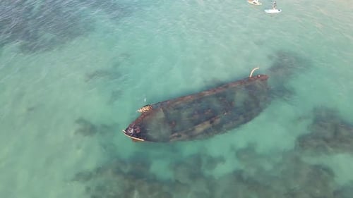 Aerial View Of Tourists Paddle Boarding By Shipwreck In Ocean, Tourists Enjoying Vacation - Arsuf, I