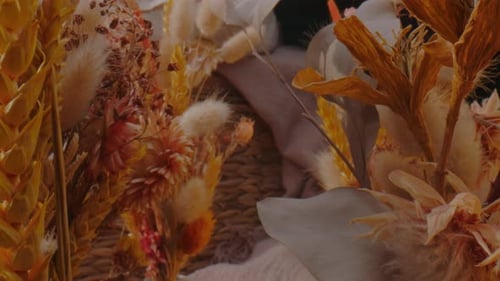 Golden Colors Of Dried Autumn Flowers In A Shop. Zoom In