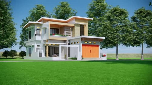 Modern house surrounded by trees and green lawn.