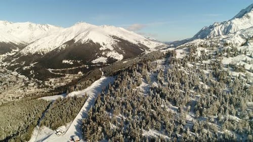 Picturesque high view over alpine ski trail in wintertime. Picturesque canopies of alpine trees. Win