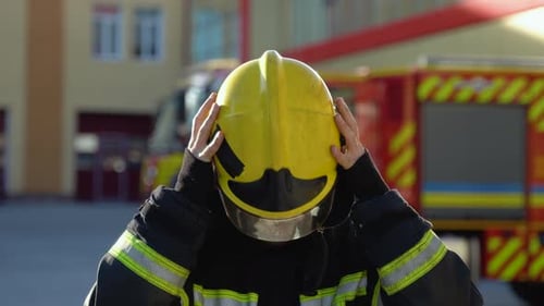 Fireman Removes the Protective Helmet at Fire Station