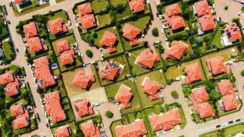 New development real estate. Aerial view of residential houses and driveways neighborhood during sun