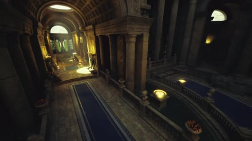 Silent Procession Moves Through Glowing Marble Corridor with Decorative Reliefs