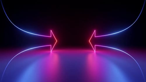 Duas flechas de contra-néon se aproximando, gráficos lineares levando ao centro.
