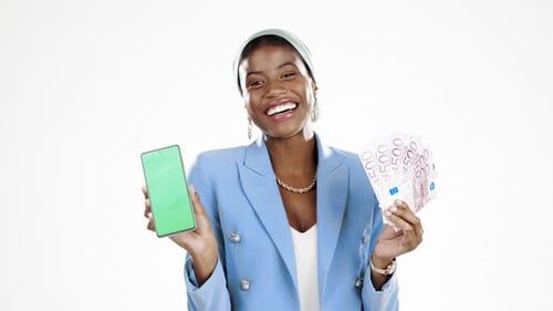 Phone, money and green screen with a black woman lottery winner in studio isolated on a white