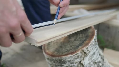 Marking Measurements on Wooden Plank with Pencil