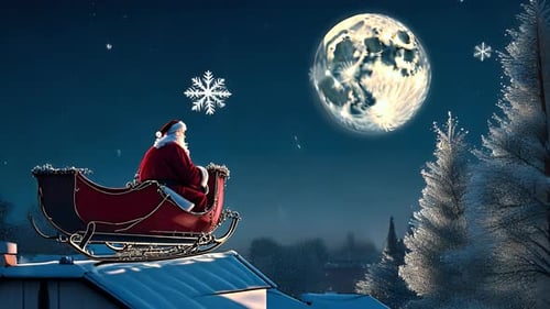 Papai Noel no trenó observando a lua cheia com neve e árvores