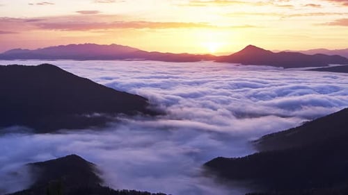 Mountain Landscape in the Morning at Sunrisesea of Inversion Clouds in the Valley