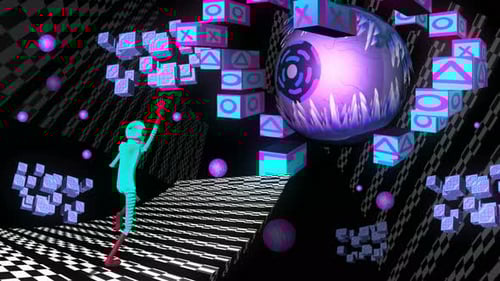 Futuristic Digital World Walk with Abstract Character and Neon Cubes