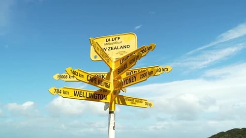 Famous yellow waypoint post at Tiwai point in Bluff in New Zealand on a sunny day.