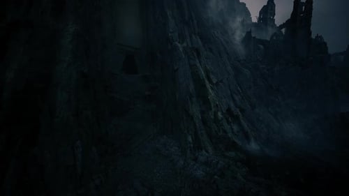 Cinematic Suspense Emerges From Shadowed Cliff with Mysterious Portal