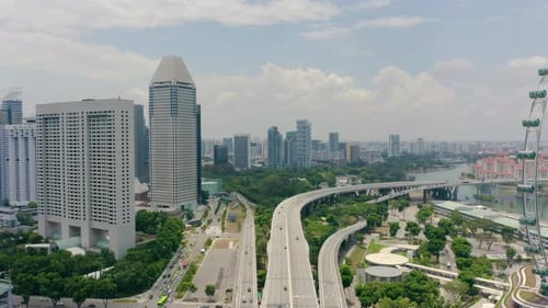 Drone Aerial view 4k Footage Of Singapore Skyscrapers With City. Corporate Offices Singapore.