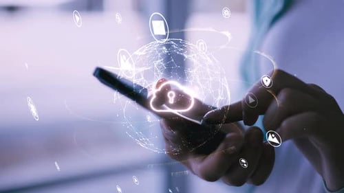 Global Digital Network with Cloud Security and Orbiting App Icons