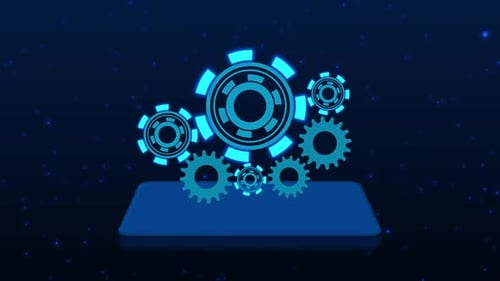 Futuristische blaue Zahnräder, die sich auf dunklem Hintergrund mit leuchtenden Partikeln und einer digitalen Schnittstelle drehen