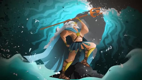 poseidon neptune in the raging sea wielding his trident