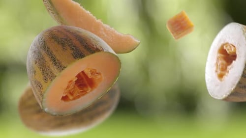 Flying Melon and Melons Slices in Green Garden Orchard Shiny Background