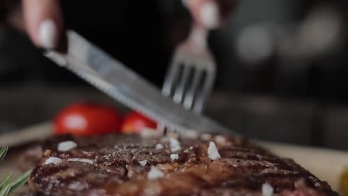 a restaurant guest cuts a steak