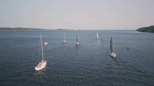 Vista aérea de un grupo de veleros navegando desde la bahía hacia el océano