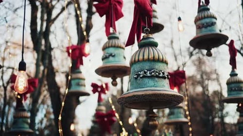Christmas bells decorations with bows and string lights