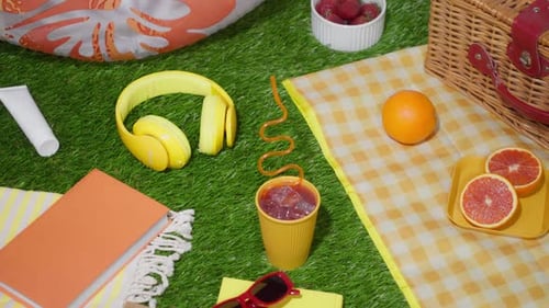 Bright Refreshments and Picnic Setup on Green Grass