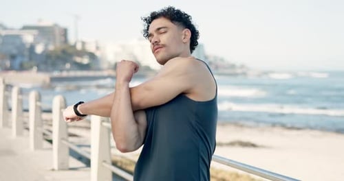 Fitness, arm stretching and man on boardwalk for workout, warm up activity