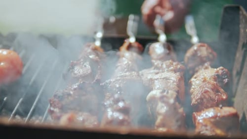 Shish Kebab on Skewers of Marinated Meat on the Grill is Turned Over