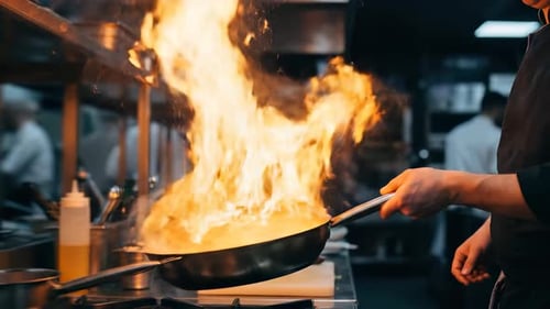 Chef Cooking with Huge Fire Flame in Commercial Kitchen