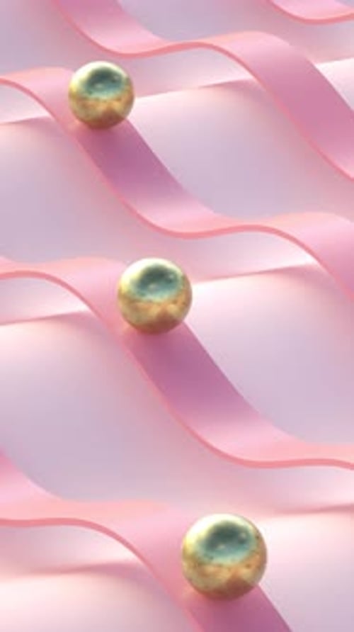 3D Loop of Golden Balls Rolling Along Wavy Pink Lines Vertical Background