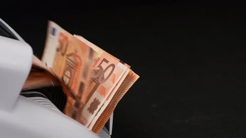Machine Counts Euro Banknotes, Finances Close-Up