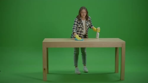 Green ScreenA Smiling Young Woman Housewife Cleaning the Table