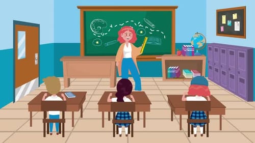 Flat Design Animated Classroom Scene with Teacher and Students