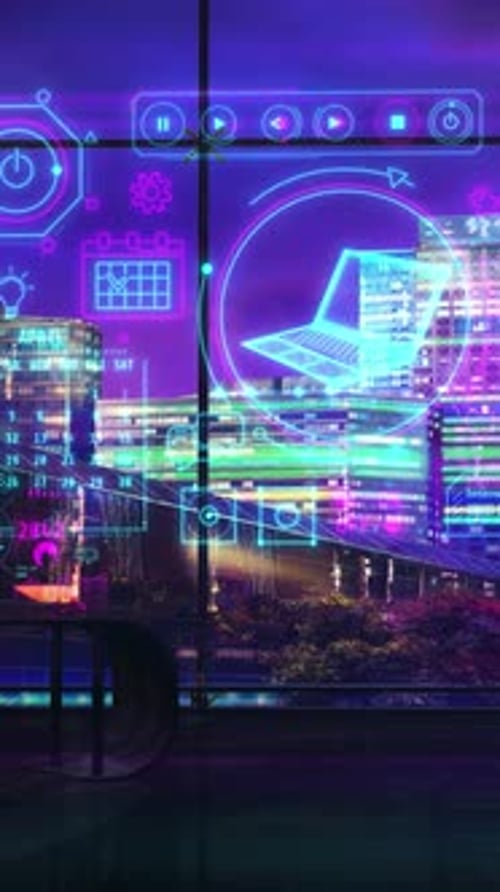 Futuristic Neon HUD Interface with Animated Technology Icons