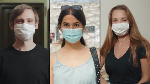Group of People in Masks Collage Citizens Virus Mask on Street Wearing Face Protection in Prevention