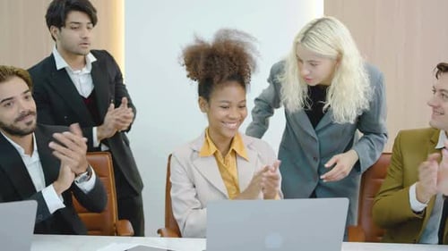 Happy boss and colleagues office team applaud support successful proud best female business leader