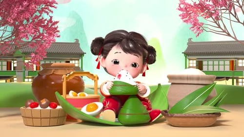 Cute Cartoon Child Eating Zongzi for Dragon Boat Festival
