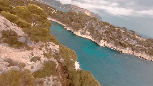 Fast FPV shot above the tree tops and mediterannean ocean in Cassis, France.