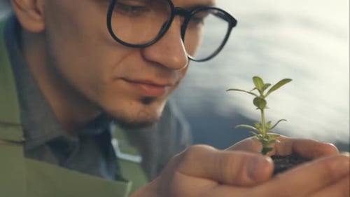 Man Holding a Plant with Soil in His Hands in Greenhouse