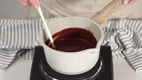 Step By Step Preparing Chocolate Frosting in a Small Saucepan Over an Electric Pan