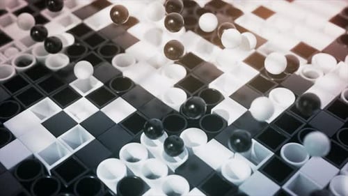 Monochromatic Orbs Float Above a Chessboard Creating a 3D Play of Shadow and Light