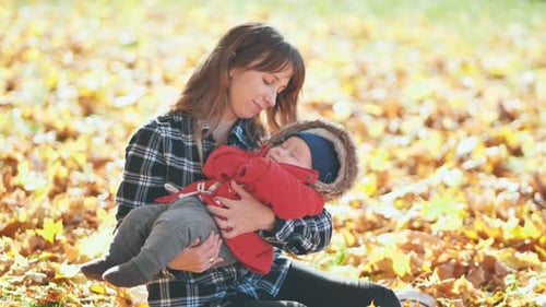 A Mother and Child in the Park in the Fall Sitting on Fallen Leaves