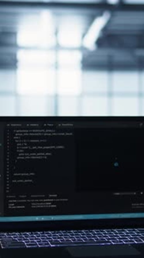 Vertical Video Laptop Used By Data Center System Administrators Using AI Tech Close Up