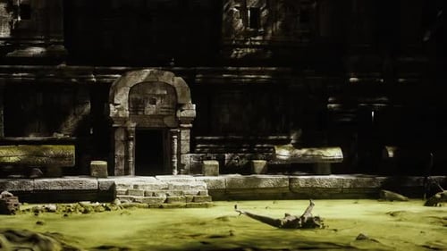 Ancient Temple Ruins in Cambodia Surrounded By Lush Greenery at Dusk