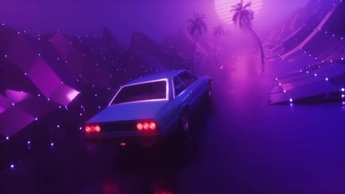 Foggy Glowing Landscape With Riding Car Synthwave Backdrop Loop