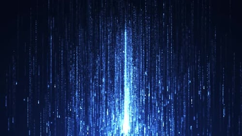 Abstract digital background with glowing neon particles of light and dust flying upward. movement