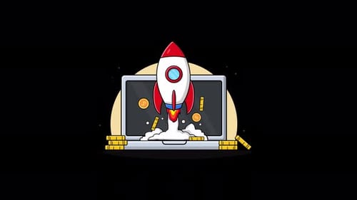 Animated Rocket Launch from Laptop with Coins for Startup Business