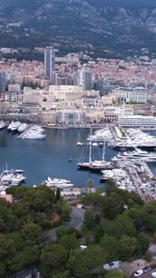 Vertical Drone Shot of Monte Carlo, Monaco, City Port and Central Buildings