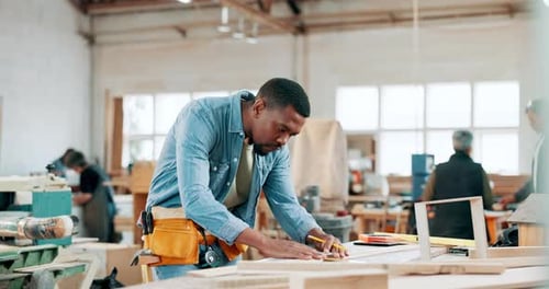 Construction, wood and measure with black man in workshop for manufacturing, planning and building
