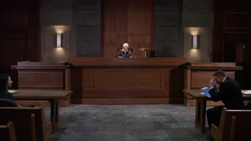 Court room - modern lawyers in an american trial court in front of a judge