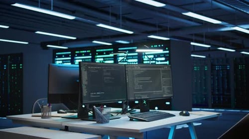 Panning Shot of PC Monitors in Data Center